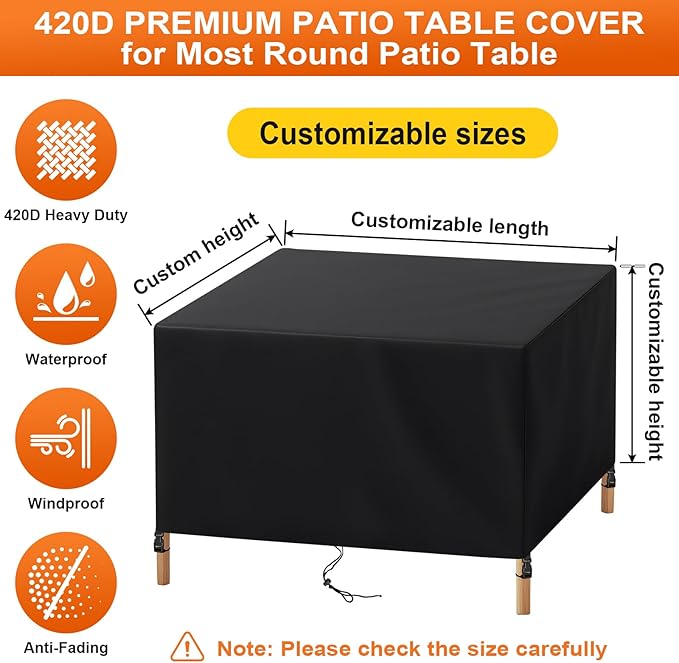 Patio Furniture Cover Rectangle 44"(L) x 32"(W) x 40"(H), Custom Heavy Duty 420D Waterproof Outdoor Cover with Drawstring & Buckles for Table Chair Garden, Black