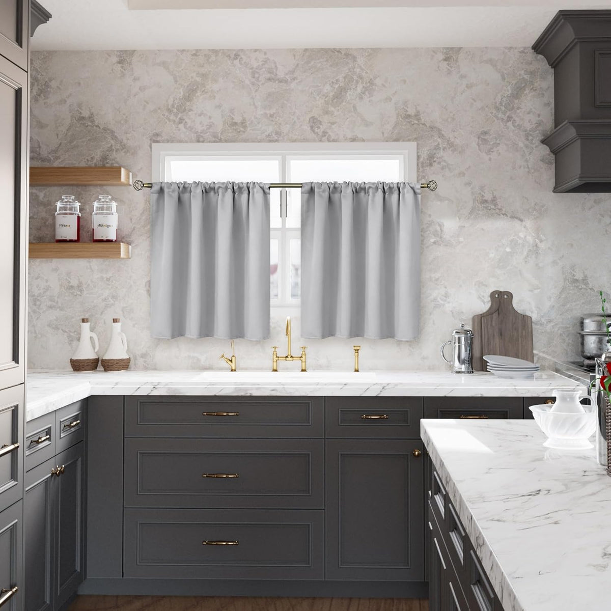 BGment Small Window Curtains 30 Inches Length for Kitchen Over Sink - Rod Pocket Short Drapes for Cafe Bathroom Basement RV Camper Privacy Decorative, Light Grey, 2 Panels, 29 x 30 Inch