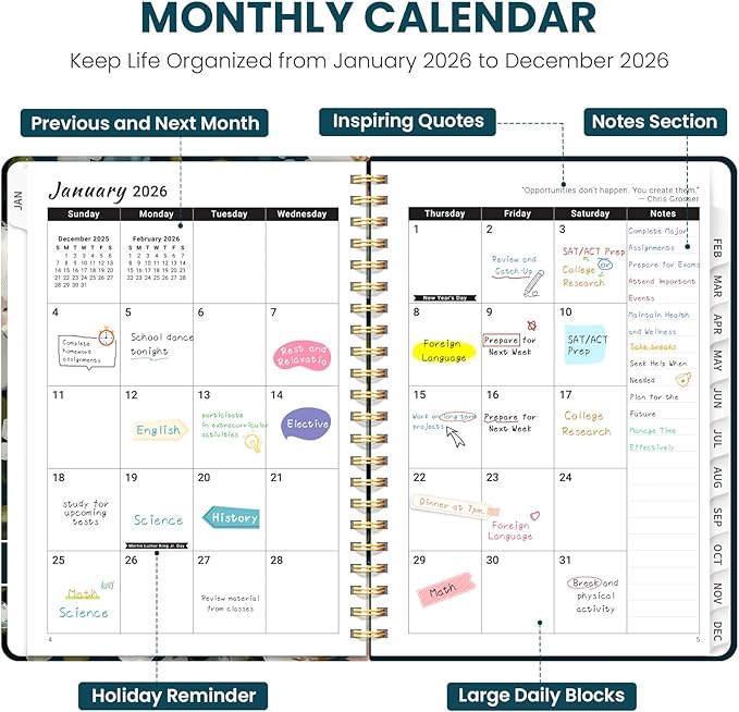 2026 Planner, Weekly and Monthly Planner for Women, Jan 2026 - Dec 2026 Pretty 2026 Calendar Planner with Monthly Tabs, Inner Pocket, Spiral Binding, Perfect for Office Home School - 6.3" x 8.5", Bloom Whisper