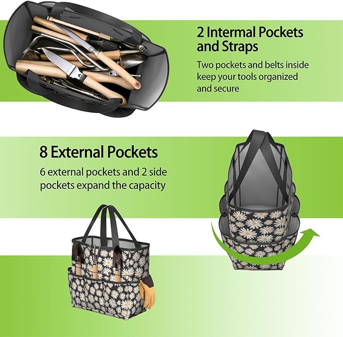Daisy Flowers Garden Tool Bag - Waterproof Garden Tote with 8 Pockets, Large Storage Home Organizer Gardening Tool Oxford Bag for Garden Tools Kits Holder, Ideal Outdoor Gardening Gift for Women & Men