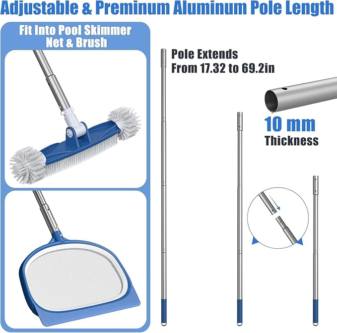 CKE Swimming Pool Cleaning Kit, Including Telescoping Swimming Pool Pole, 18.5" Rotatable Pool Brush Head, Fine Mesh Leaf Skimmer Net, 2-in-1 Pool Skimmer Net for Inground & Above Ground Pools