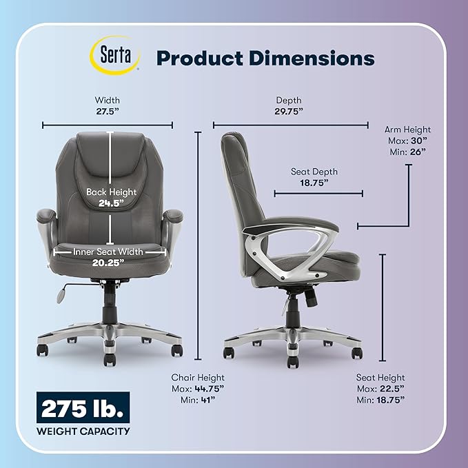 Serta Amplify Executive Office Chair with Faux Leather and Mesh, Adjustable Ergonomic Comfy Seat with Lumbar Support, Modern Computer DeskChairs, Swivel Rolling Wheels, Duo Gray