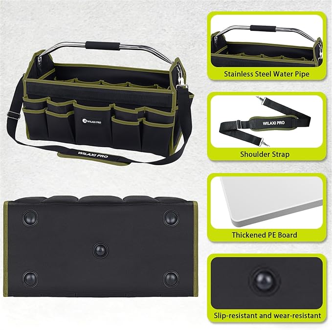 20in Foldable Open Top Tool Bags For Men Heavy Duty, Tool Carrier hard With Handle, Wide Mouth Electrician Tool Tote, Many Pockets Can Hold Many Tool, Green