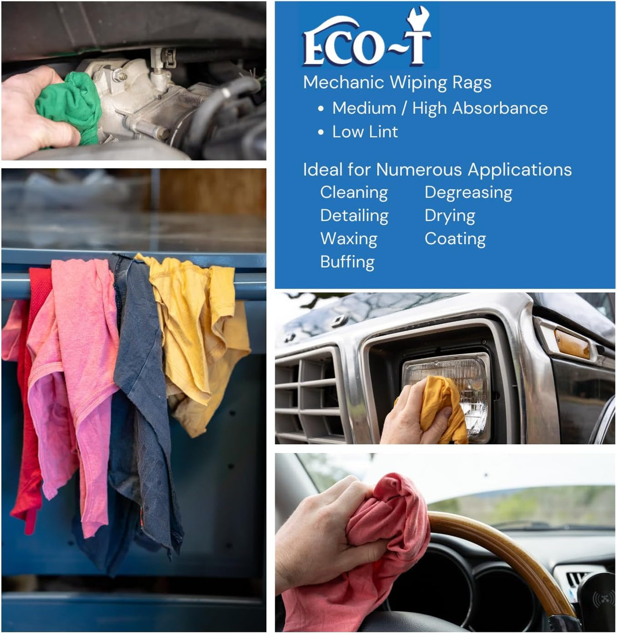 25 Lb Box Eco-T Mechanic Shop Rags - Colored T-Shirt Material, 100% Recycled, Eco-Friendly, High Absorbency, Low Lint, Low-Cost, Industrial Use Wiping Cloth