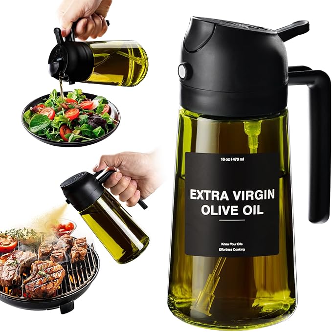CXINYI - 16oz/470ml Olive Oil Dispenser for Kitchen with Stickers - 2 in 1 Olive Oil Sprayer for Cooking, Air Fryer, and Salad, Black (Light-Proof Kitchen Gadget)