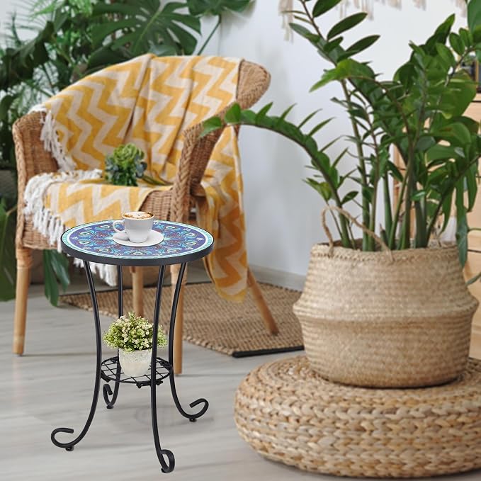 VCUTEKA Outdoor Side Table Mosaic Patio Table Accent Tables Mosaic Tile Top Metal Frame Small End Tables Porch Beach Patio Garden Balcony Peacock Feather 14''