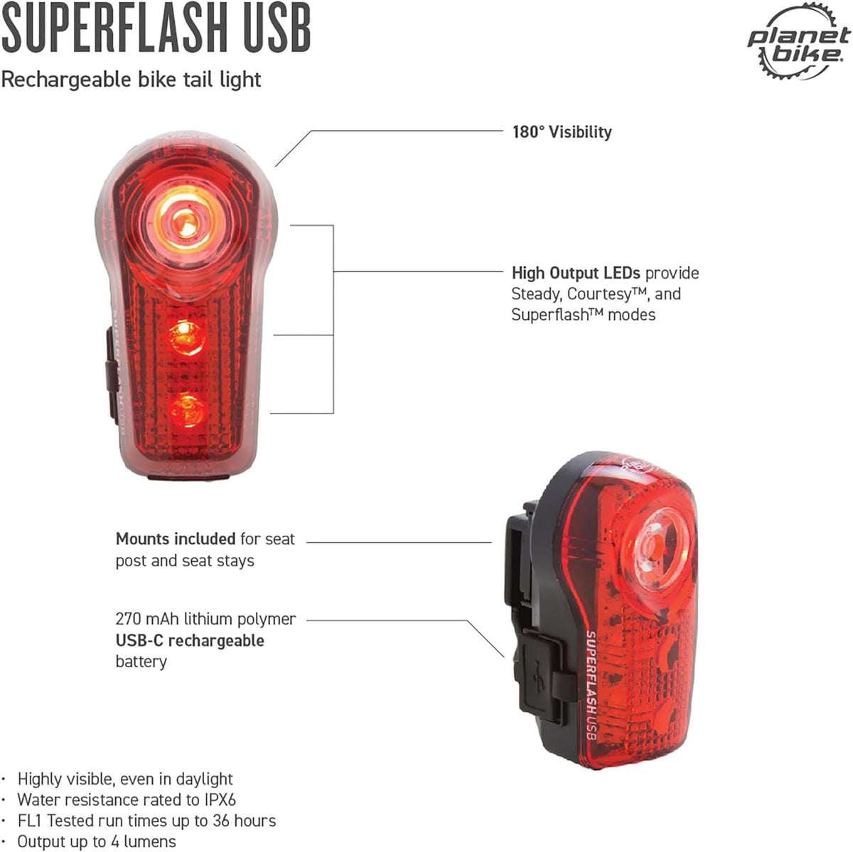 Superflash USB Bike Tail Light - Bright LED Safety Light for Cyclists