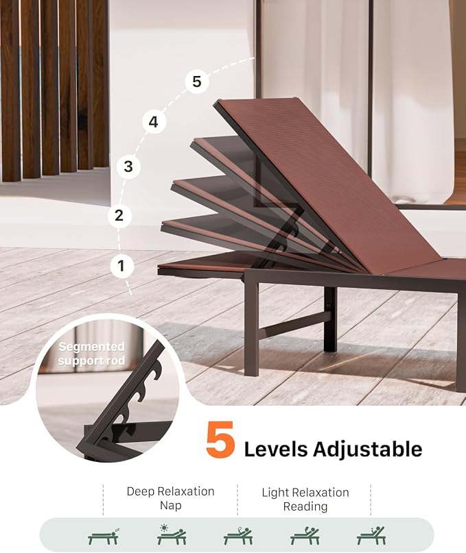 Patio Lounge Chair, Aluminum, 5 Adjustable Backrest, 1 PieceBrown | Lightweight rustproof aluminum.5 adjustable backrest positions.Breathable quick-dry fabric.For poolside,beach,lawn,backyard.