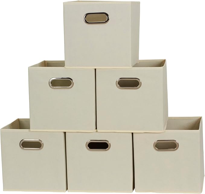 Fabric Storage Bins 6 Piece Set, Strong Poly-Woven Fabric, Sturdy Chipboard Sides, Grommet Front Handle, Stackable and Foldable, Classic Design, Cream