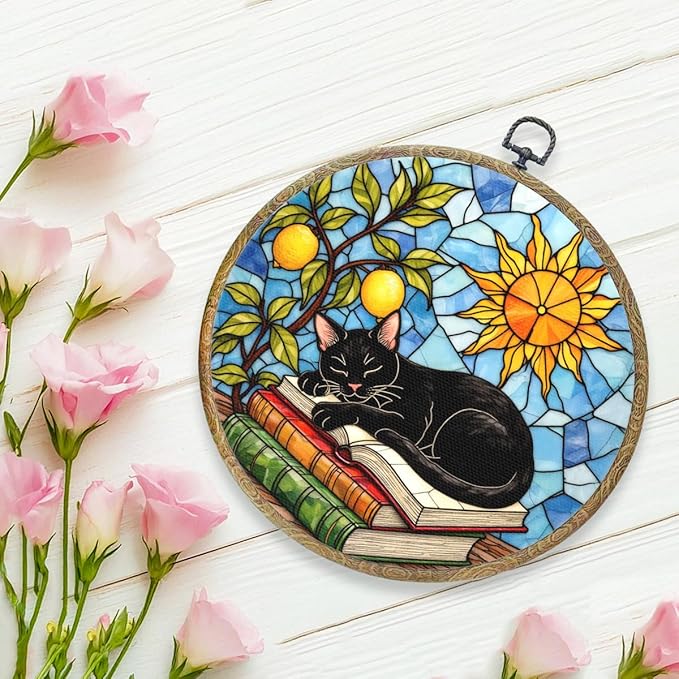 Cute Cat Decor Cat Stuff Accessories Book Lovers Gifts Reading Gifts Framed Round Wall Decor Canvas Wall Art Hanging Prints Artwork for Home Door Bedroom Living Room Decorations 10.2X10.2 Inch