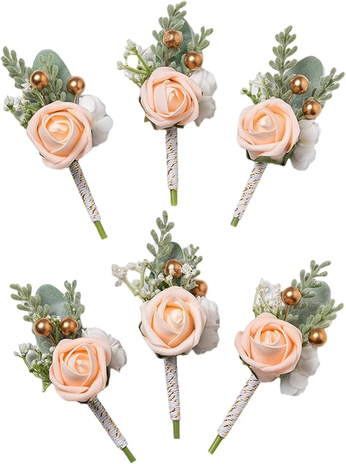 Meldel Champagne Boutonniere for Men Wedding, Set of 6, Groom Groomsman Boutonniere, Mens Boutonnieres for Wedding Prom Ceremony Anniversary Party Homecoming Graduation