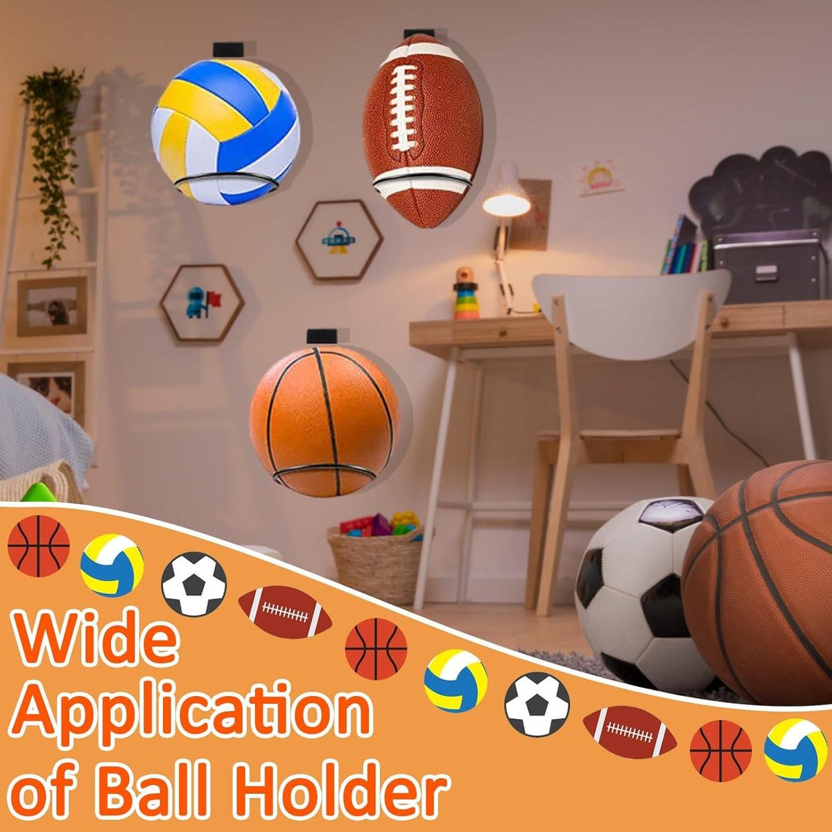 Skiennix 2-Pack Iron Wall Mounted Ball Holder - Heavy Duty Sports Storage Rack for Basketball, Football, Soccer, Volleyball