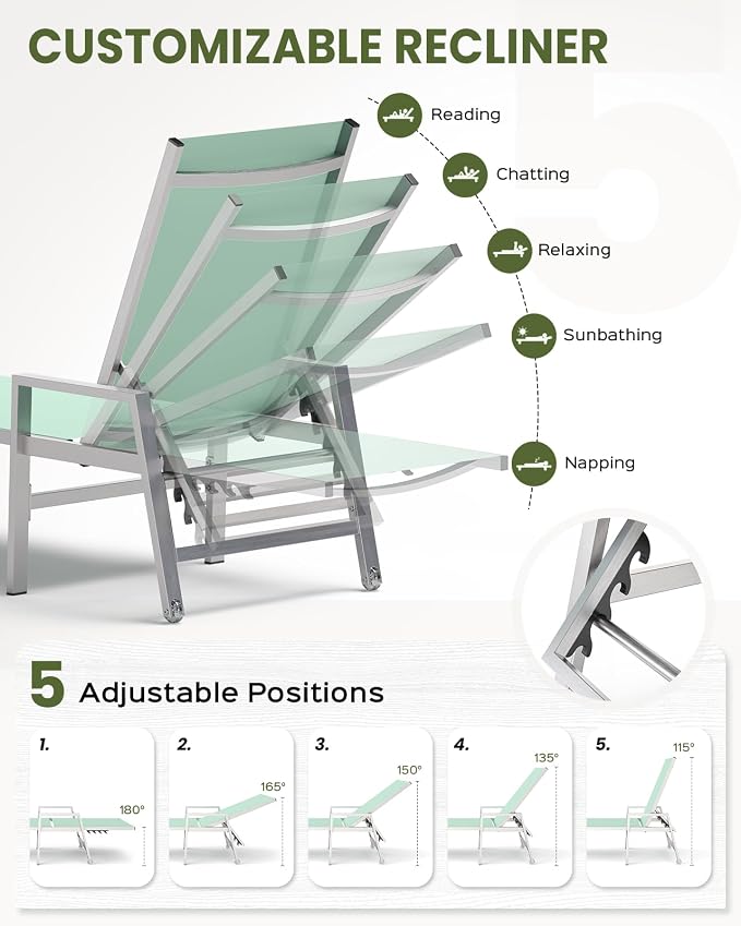 Patio Chaise Lounge Chair Outdoor Set of 2 with Wheels&Armrests, Aluminum Pool Lounge Chairs Five-Position Adjustable Recliner, Outdoor Beach Lounge Chairs for Poolside, Patio, Deck, Yard, Light Green