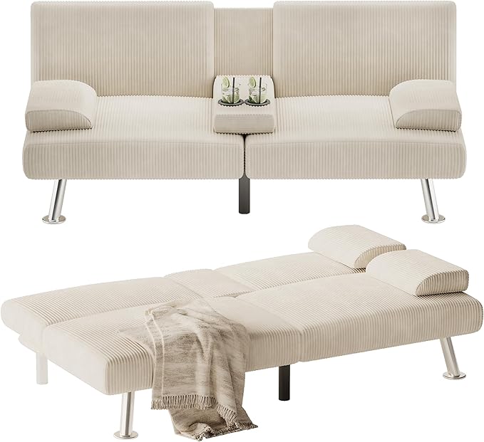 Flamaker Futon Sofa Bed Corduroy Folding Couch Adjustable Sleeper Sofa Bed for Small Apartment Upholstered Living Room Furniture Set with 2 Cup Holders Removable Armrests (Corduroy, Beige)