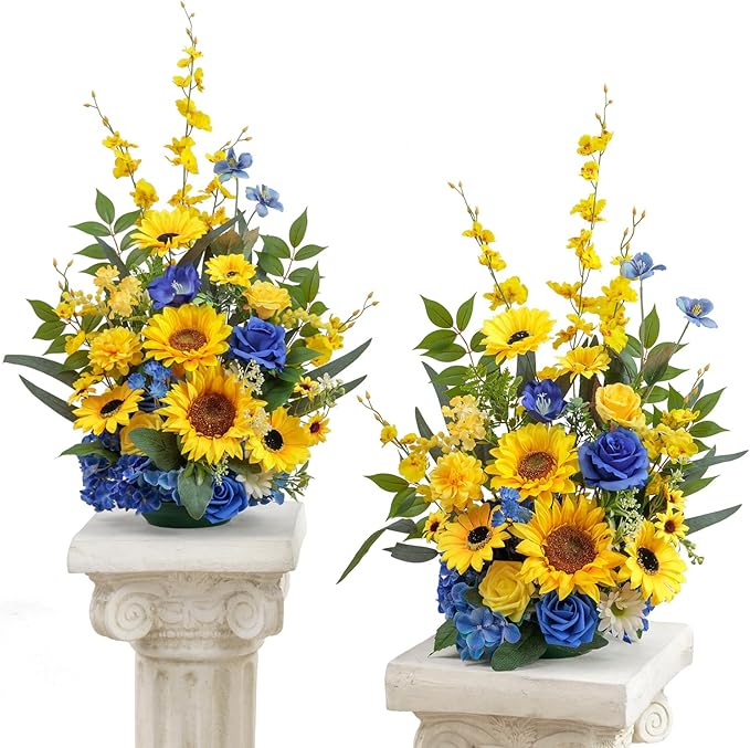 TINGE TIME Free Standing Artificial Sunflower Flowers Set of 2, Wedding Arch Altar Stage Decorations, Silk Fake Flower for Wedding Centerpiece Archway Aisle Welcome Entrance (Sunflower&RoyalBlue)