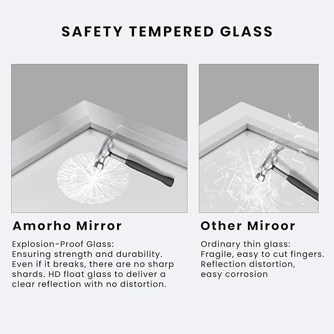 Amorho Bathroom Mirror, 28x32 Inch Silver Thick Metal Framed Wall Mirrors