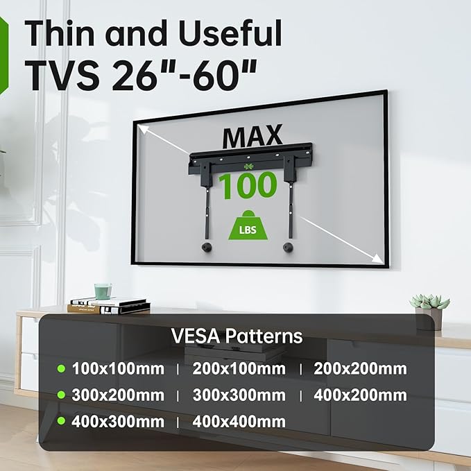 No Stud TV Wall Mount Low Profile for Most 26-60" Televisions up to 100 lbs,No Dril Monitor Mount for Drywall, Studless Wall Mount Bracket Max VESA 400x400mm for Flat Screen&Curved TVs, Easy Install