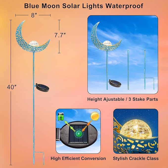 Homeimpro Moon Solar Garden Lights Outdoor Stakes, Waterproof Crackle Glass Metal Yard Lights for Lawn, Patio Accessories, Backyard Decor, Birthday Gifts for Mom