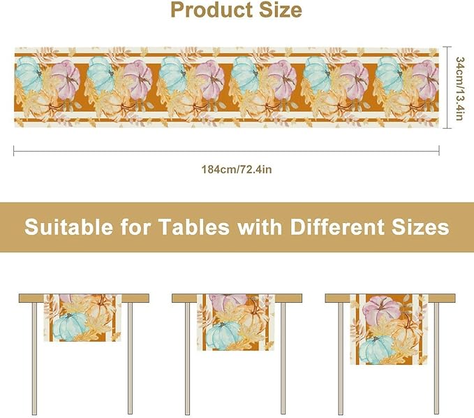 Watercolor Pumpkin Table Runner Rustic Farmhouse Autumn Plants Colorful Leaves Pastoral Harvest Theme Home Decor for Farmhouse Indoor Outdoor Party Holiday Dining Kitchen Restaurant Cafe W13xL72in