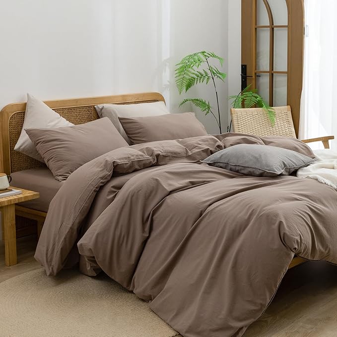 BESTOUCH Duvet Cover Set 100% Washed Cotton Linen Feel Super Soft Comfortable Chic Lightweight 3 PCs Home Bedding Set Solid Pine Bark Brown Super King Plus