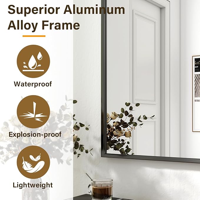 HARRITPURE 48"x30" Framed Bathroom Mirror for Wall Rectangle Mirror Aluminum Alloy Frame Wall-Mounted for Farmhouse Entryway Bedroom Living Room Black