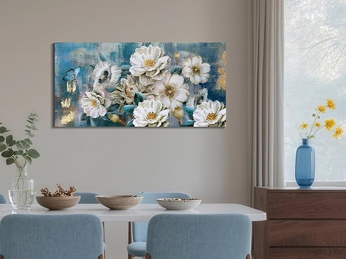 Arjun Flower Canvas Wall Art for Bedroom White Elegant Teal Picture, Textured Floral Magnolia Aesthetic Painting Living Room Wall Decor Turquoise Large Artwork Dining Room Home Office 40"x20"