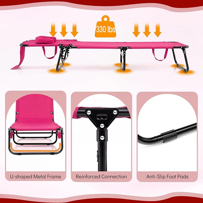 Giantex Tanning Chair, 350lbs Adjustable Patio Lounge Chair with Face Hole, Removable Pillows, Carry Strap, Folding, Outdoor Chaise Lounge for Layout Beach Poolside Lawn, Pink