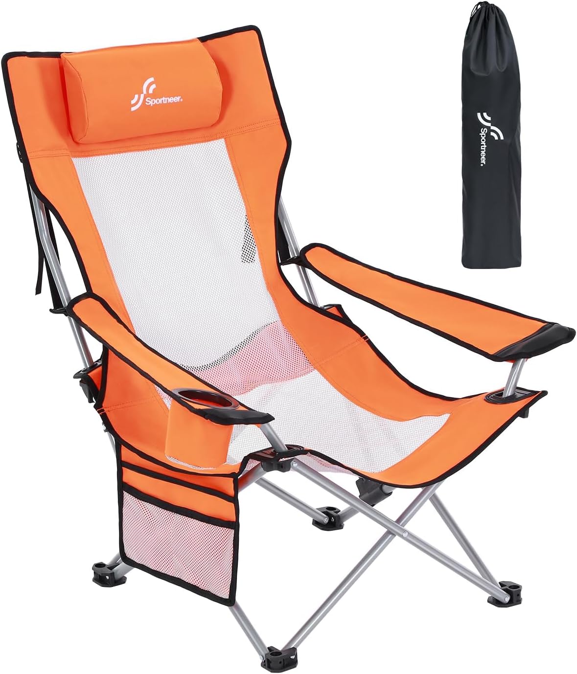 Sportneer Portable Beach Chair - Reclining Position with Cup Holder & Side Pocket | Compact Folding Design for Camping & Festivals