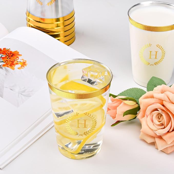 100 Pieces Monogrammed Plastic Cups Gold Foil Letter H Disposable Cups 12 oz Clear Initial Party Cups for Wedding Birthday Baby Shower Personalized Party Drinkware