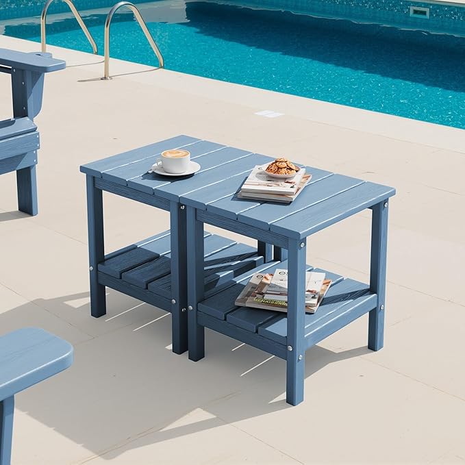 SERWALL 2-Tier HDPE Outdoor Side Tables Set of 2, Weatherproof Rectangular Adirondack Side Table, Blue
