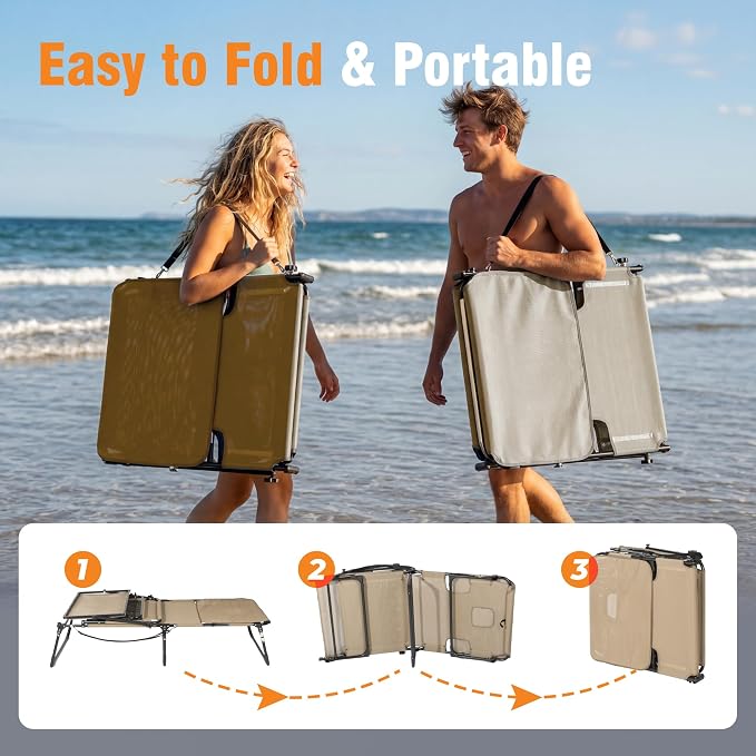 Tanning Chair with Face Hole & Canopy, 28'' Extra Wide, Beige | Folding Chaise Lounge Chair with 4-Position Adjustable Backrest for Beach, Pool, Patio & Camping