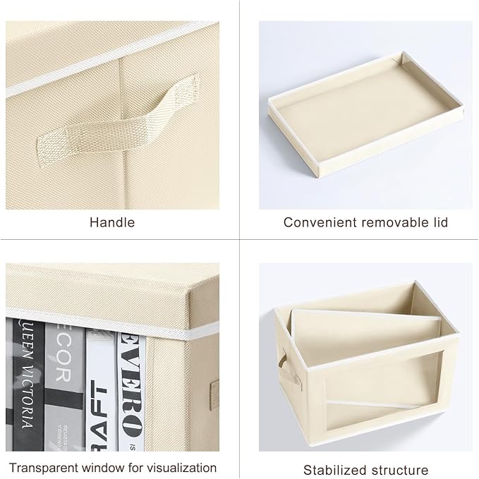 Large Storage Baskets Bins with Lids - Stackable Cube Bins for Closet, 3 Pack Beige Windows Organizer Bins, Home Organizers and Storage for Clothes, CD, Towels