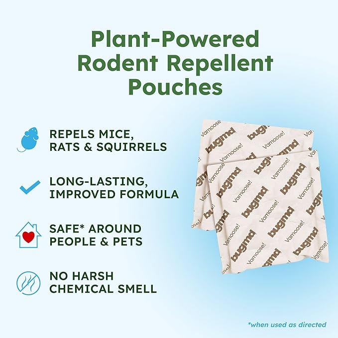 BugMD Vamoose! Plus Peppermint Oil Mouse Repellent Pouches | Natural Mice Repellent Indoor & Rat Deterrent for House, Garage, RV, Car & Storage | Plant-Powered Rodent Control - 2 Pack - 8 Pouches