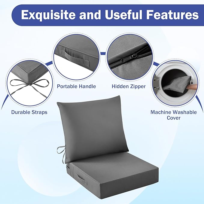 IASEAHK Outdoor Seat Cushion Set, Waterproof & Fade Resistant Patio Chair Cushions, Outdoors Cushion for Patio Furniture, 24 x 24 x 5.75 Inch, Outdoor Couch Cushions with Handle and Ties, Dark Grey