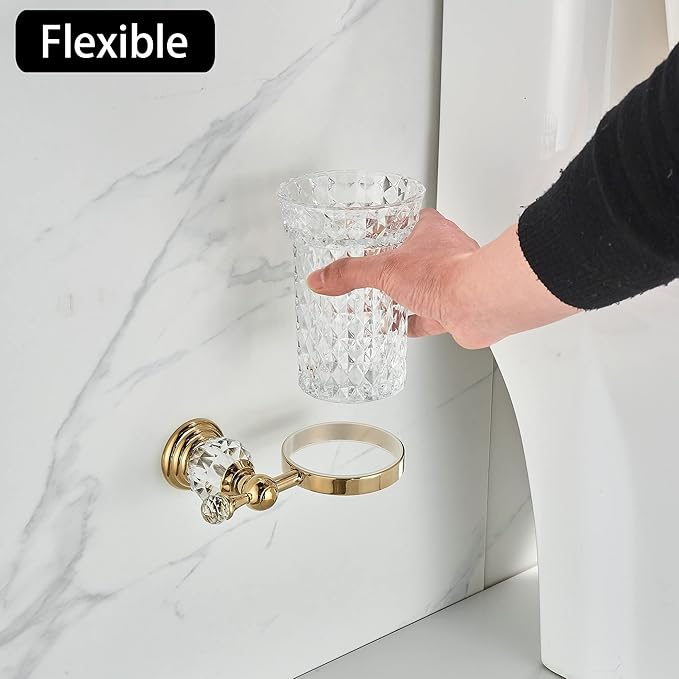 WOLIBEER Crystal Toilet Brush Holder, Polished Gold Brush Handle with Replaceable Brush Head, Stainless Steel Bathroom Cleaning Set Wall Mounted