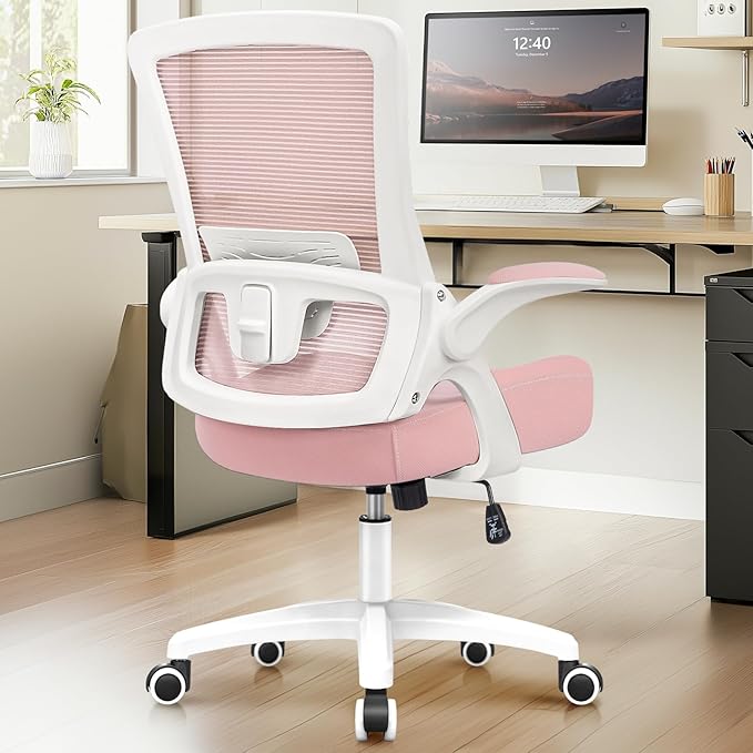 NEO Chair Office Desk Chair Computer High Back Mesh Gaming Seat with Ergonomic Adjustable Comfy Flip-up Armrests Lumbar Support Height for Home (Pink)