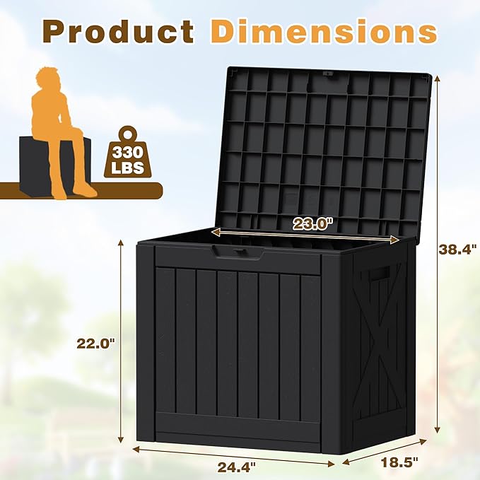 Flamaker Resin Deck Box 40 Gallon Waterproof Outdoor Indoor Storage Box Imitation Wood Resin for Patio Furniture Garden Tools and Pool (Black)