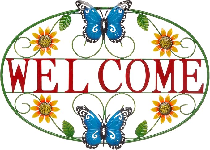 Glitzhome Metal Welcome Wall Decor - Outdoor/Indoor Vibrant Sunflower & Butterfly Garden Art for Porch Patio Yard