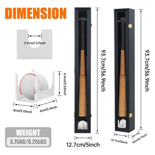 WGOS Baseball Bat Display Case, Baseball Bat Wall Mounted, Baseball Display Case, Wall Mounted Vertical or Horizontal Wood, with Two Bonus Baseball Cases (2-Pack)