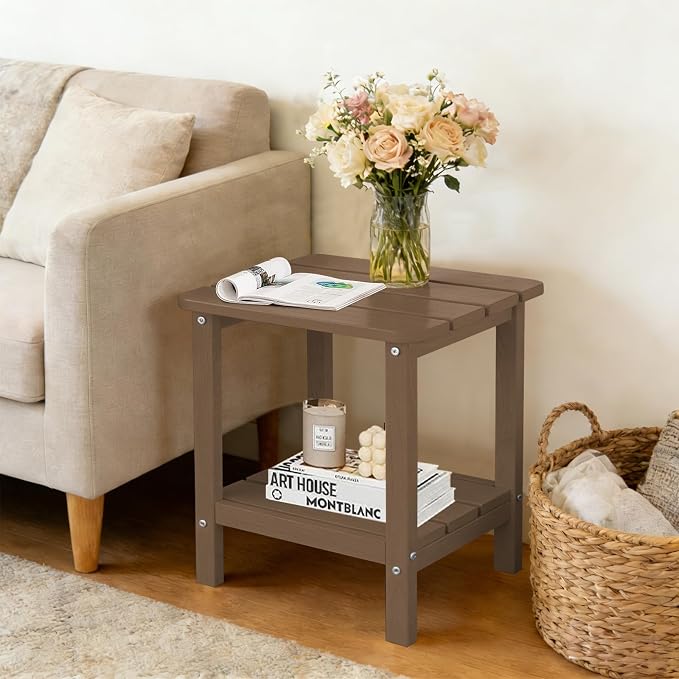 Outdoor Side Table HDPE Small Outdoor End Table Patio Side Tables Square for Backyard Pool Porch Balcony Double Layer Storage, Brown (Wood Grain Finish)