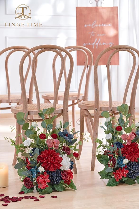 TINGE TIME Free-Standing Artificial Flower, Set of 2, Table Centerpiece with Rubber Pad, Silk Fake Flower for Wedding Centerpiece Archway Aisle Welcome Entrance (Red&NavyBlue)