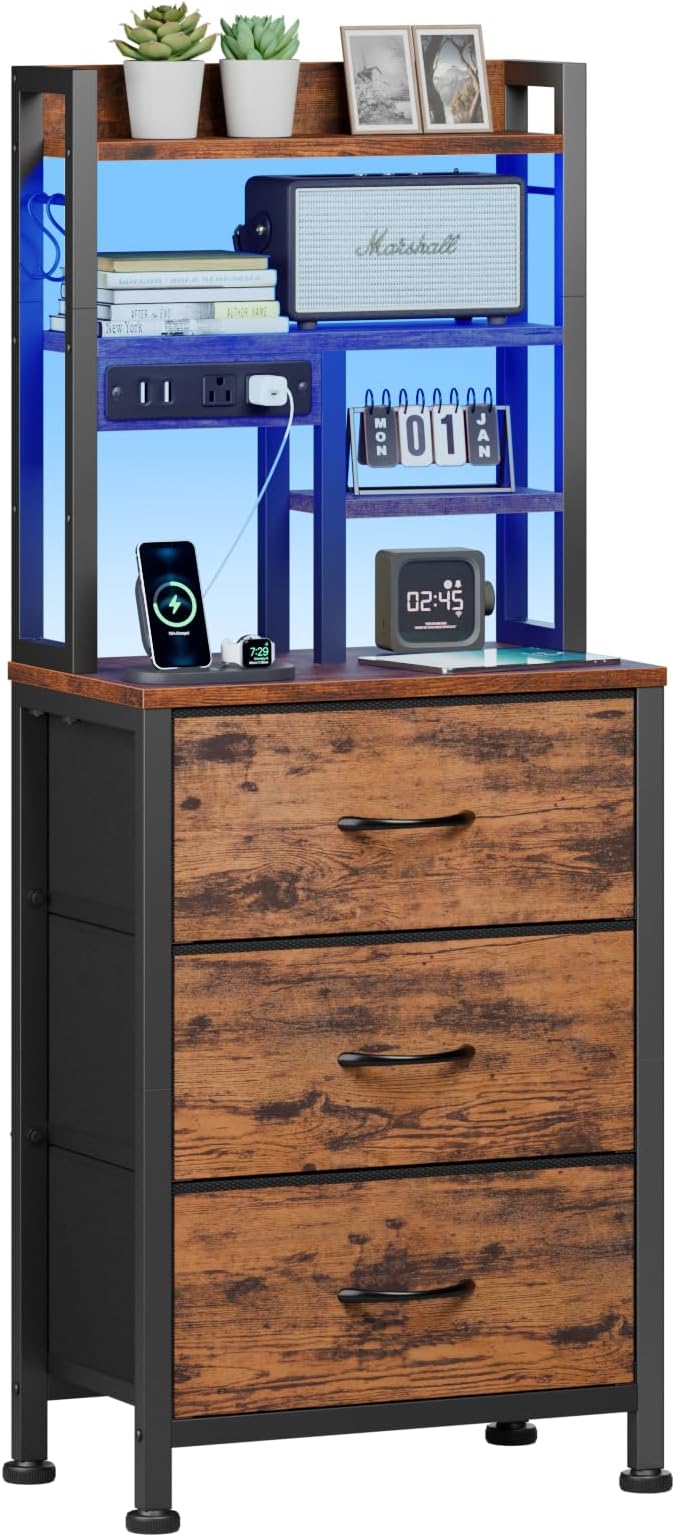 Furnulem Tall Night Stand with LED & USB Ports, 45.3inch Nightstand with Open Bookshelf, Bedside Table with 3 Fabric Drawers for Bedroom/Dorm/Office, Rustic Brown Wood-Metal Frame