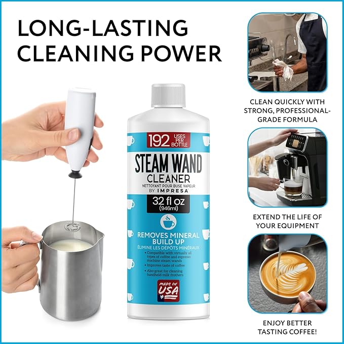 IMPRESA 32 oz Steam Wand Cleaner, Removes Mineral Buildup and Milk Protein Residue in Steam Wands, Milk Frothers, and Stainless-Steel Pitchers, Up to 192 Uses, Barista Cleaning Tool