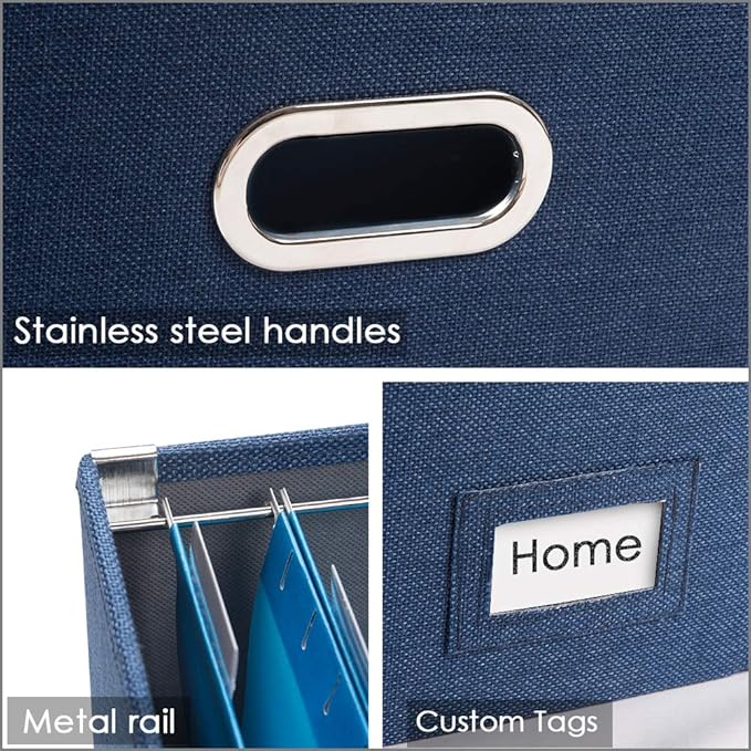 PRANDOM File Organizer Box - Set of 2 Collapsible Decorative Linen Filing Storage Hanging File Folders with Lids Office Cabinet Letter Size Navy Blue (14x9.3x10.8 inch)