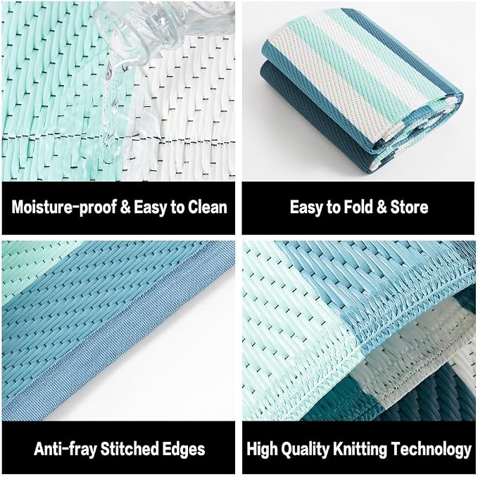 HUGEAR Outdoor Plastic Straw Rug, Waterproof Mat, Washable Large Floor Mat and Rug for Outdoors, RV, Beach, Patio, Camping, Backyard, Deck, Picnic, Indoor Outside (5x8ft,Stripe/Turquoise&White)
