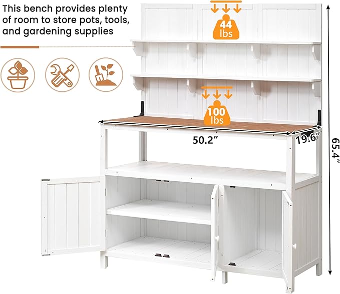 Christopher Knight Home Belfast 50.20" W Outdoor Potting Bench Table, Fir Wood Potting Table, Large Gardening Workstation with Storage Shelf, Ample Space Garden Tools Organizer for Backyard, White