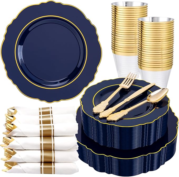 Liacere 350PCS Navy Blue Plastic Plates-Disposable Blue Gold Plates 50guest Plastic Dinnerware include 100Plates,50Pack Pre Rolled Napkins with Silverware 50Cups for Christmas ＆ Hanukkah