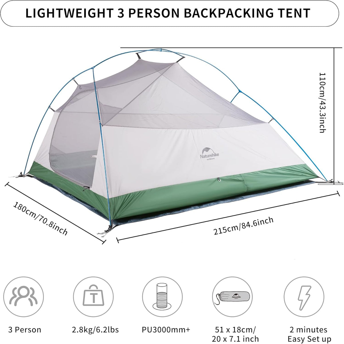 Naturehike Cloud-Up 3 Person Lightweight Backpacking Tent with Footprint - 3 Season Free Standing Dome Camping Hiking Waterproof Backpack Tents