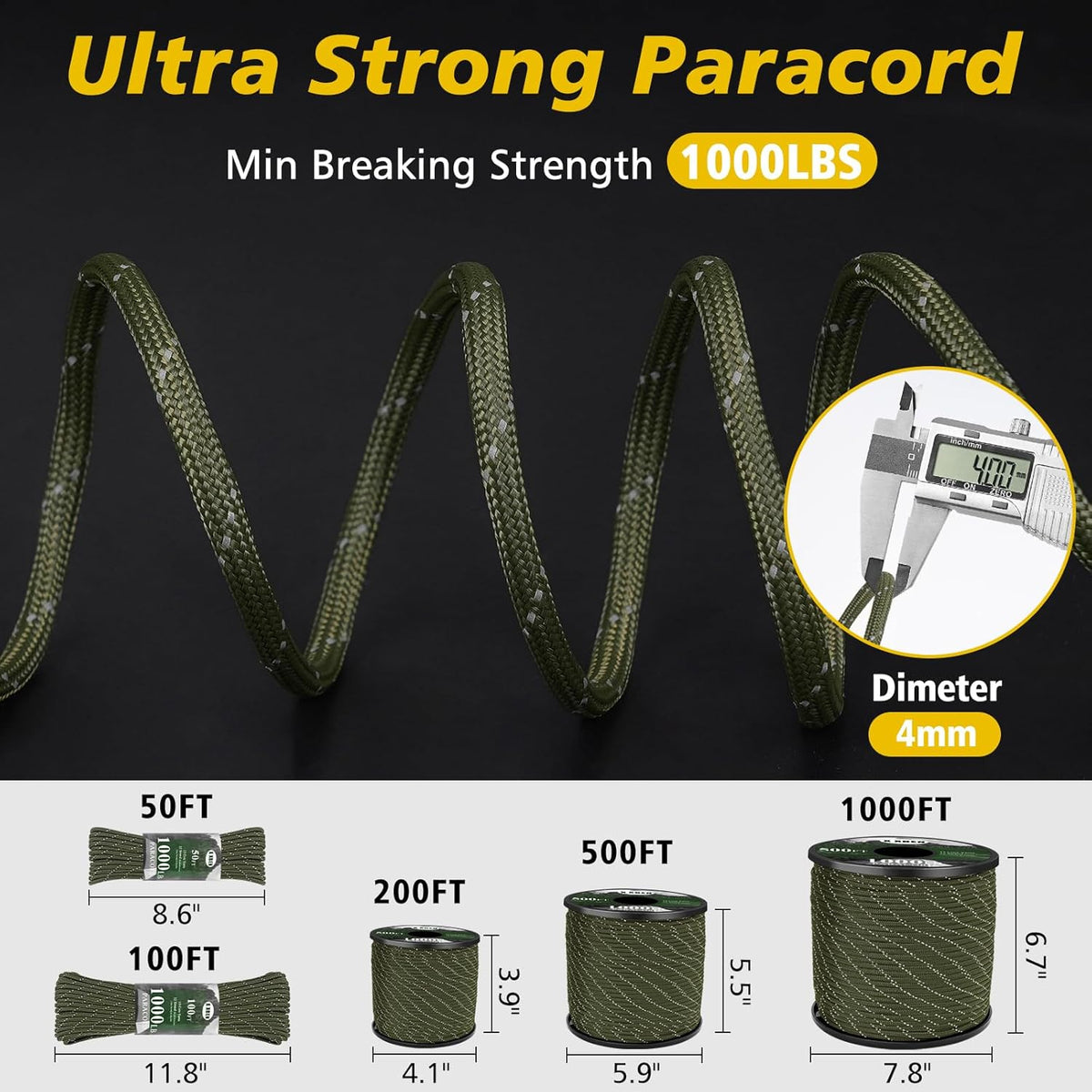 X XBEN Paracord Rope - Reflective 1000lb Strength | 50ft to 1000ft Lengths - Tactical Cord for Camping & Survival, Army Green