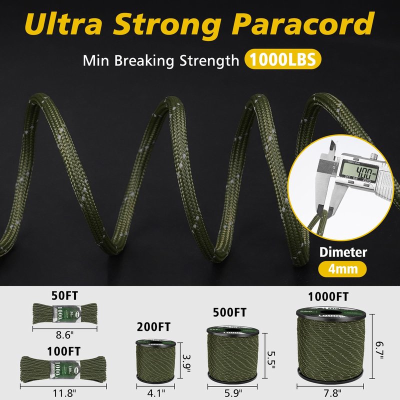 X XBEN Paracord Reflective 1000lb, 50/100/200/500/1000ft 4mm, 13 Strand Parachute Spool Cord, Survival Rope for Camping, Fishing, Hiking, Tent, Clothesline, DIY Crafts & Survival Bracelet, Neon Green